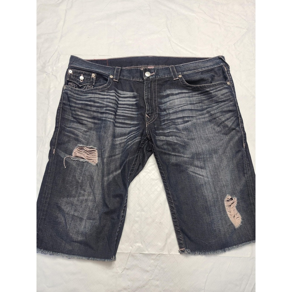 True Religion Denim Shorts Mens 44 Blue Cut Off Straight Flap Distressed Bermuda